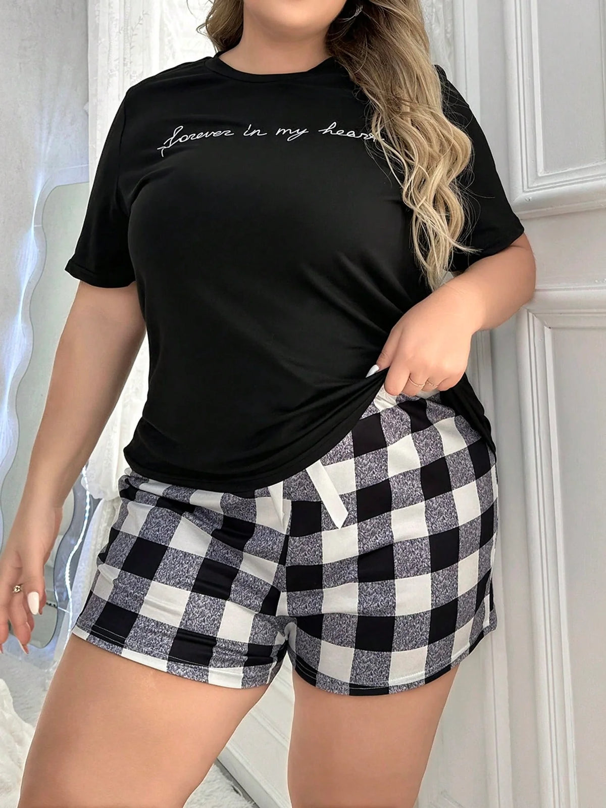 Conjunto De Pijama Com Topo De Impressão De Alfabeto Em Plus Size E Calça Xadrez