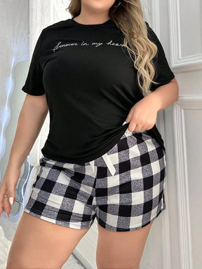 Conjunto De Pijama Com Topo De Impressão De Alfabeto Em Plus Size E Calça Xadrez