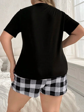 Conjunto De Pijama Com Topo De Impressão De Alfabeto Em Plus Size E Calça Xadrez