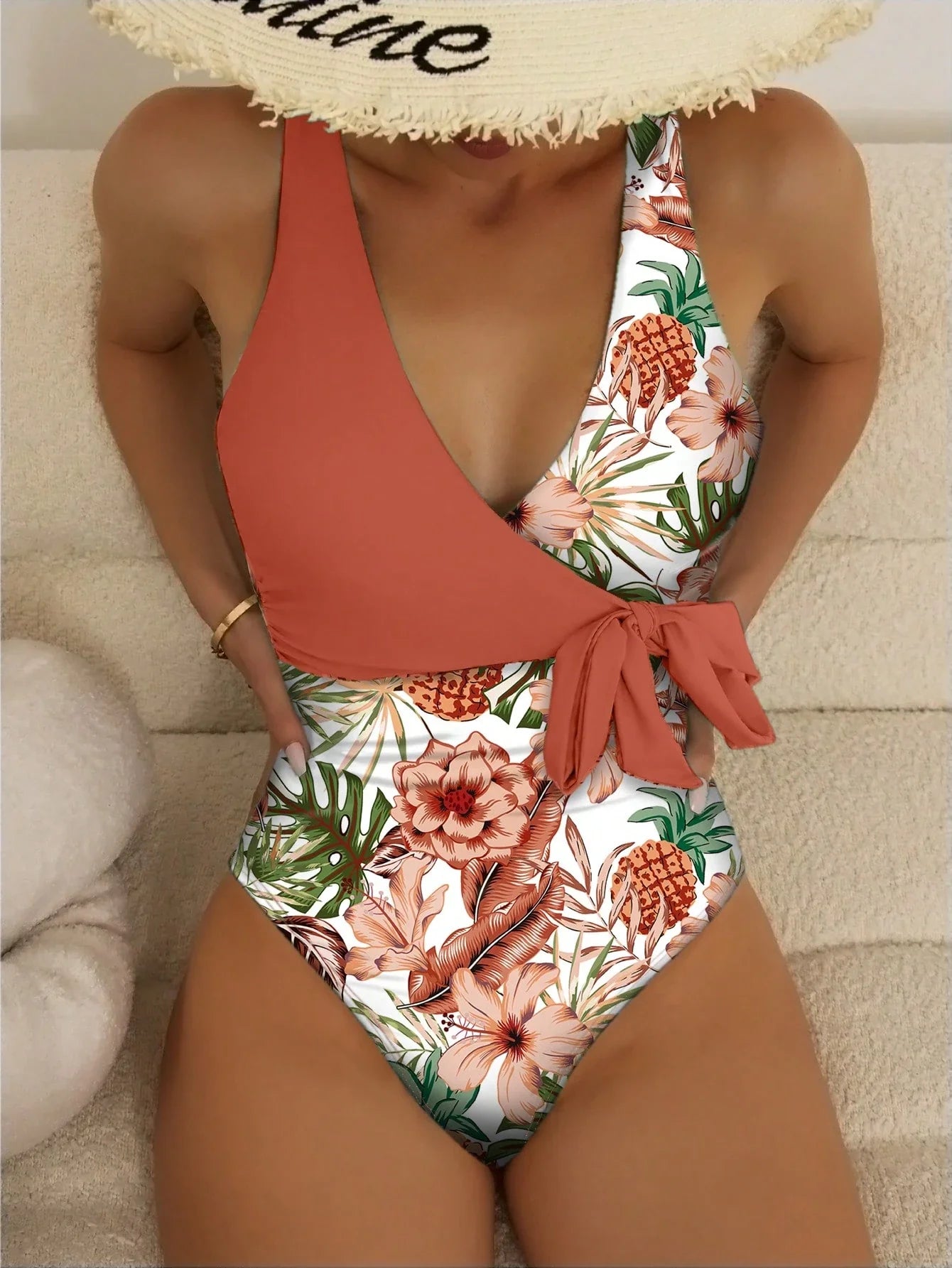 SHEIN Swim Maiô de Peça Única com Alça Destacável, Estampa Aleatória de Verão