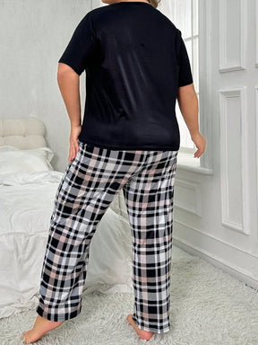 Conjunto De Pijama De Calça Xadrez E Camiseta De Manga Curta Impressa Com Desenho Animado Tamanho Grande Para Uso Casual