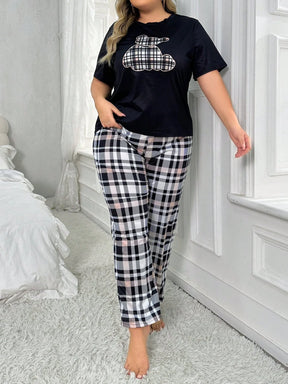 Conjunto De Pijama De Calça Xadrez E Camiseta De Manga Curta Impressa Com Desenho Animado Tamanho Grande Para Uso Casual