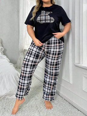 Conjunto De Pijama De Calça Xadrez E Camiseta De Manga Curta Impressa Com Desenho Animado Tamanho Grande Para Uso Casual