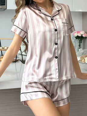 Conjunto De Pijama De Seda Com Estampa Floral E Listrada Para Mulheres