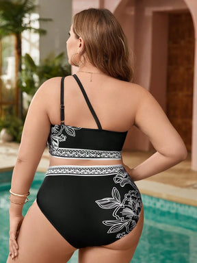 Swim Lushoire Conjunto de Maiô Bikini de Ombro Único Estampado para Mulheres Plus Size, Praia de Verão
