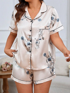 Conjunto de Pijama com Estampa Floral Elegante, Manga Curta e Shorts em Seda Sintética para Mulheres Plus Size