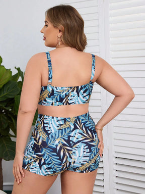 Swim Lushoire Conjunto de Maiô Bikini com Amarração na Frente e Estampa de Planta Tropical para Mulheres Plus Size, Praia de Verão