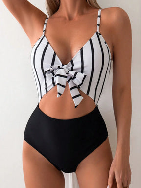 SHEIN Swim Maiô Feminino Listrado Com Recortes Na Cintura E Alças De Espaguete Preto E Branco Para Verão, Praia, Natação E Férias