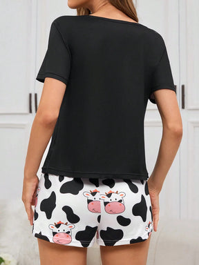 Conjunto De Pijama Feminino De Camiseta De Manga Curta Impressa De Vaca E Short