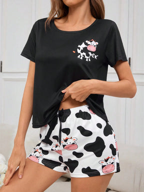 Conjunto De Pijama Feminino De Camiseta De Manga Curta Impressa De Vaca E Short