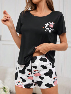 Conjunto De Pijama Feminino De Camiseta De Manga Curta Impressa De Vaca E Short