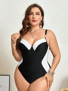 Swim Chiccia Maiô Plus Size com Bloco de Cores para Verão na Praia, Adequado para Férias na Praia e Natação