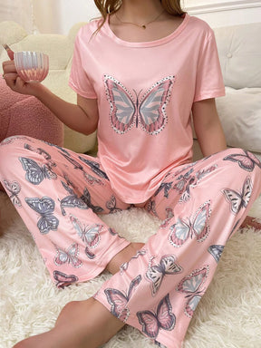Conjunto de Pijama com Estampa de Borboleta de Manga Curta e Calça Longa Fashionable para Mulheres