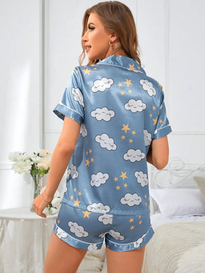 Conjunto de pijama feminino de verão com shorts de manga curta e estampa de nuvem e estrela