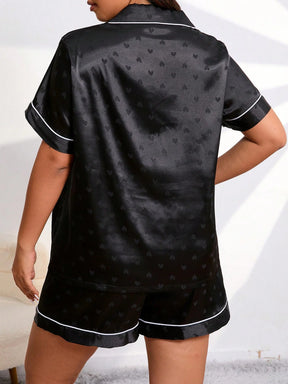 Conjunto de Pijama de Cetim Plus Size, Top de Manga Curta Rosa e Shorts com Jacquard de Coração, Colarinho Aberto