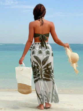 Swim Vcay Conjunto de Maiô Bikini Halter estampado para mulheres, estilo de férias de verão na praia com saia de cobertura