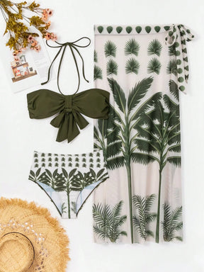 Swim Vcay Conjunto de Maiô Bikini Halter estampado para mulheres, estilo de férias de verão na praia com saia de cobertura