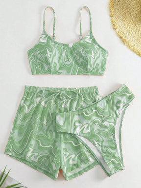 SHEIN Swim Conjunto de Maiô Bikini feminino com alças finas para o verão na Praia com Estampa de Redemoinho, impressionados aleatoriamente.