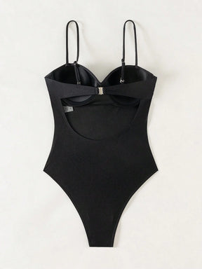 SHEIN Swim 1 Peça Macacão de Banho Feminino de Cor Sólida, com Alças de Espaguete Torcidas, para Verão, com Suporte Interno e Efeito Push-Up