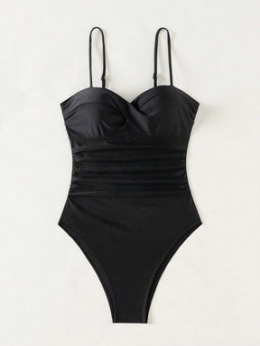 SHEIN Swim 1 Peça Macacão de Banho Feminino de Cor Sólida, com Alças de Espaguete Torcidas, para Verão, com Suporte Interno e Efeito Push-Up