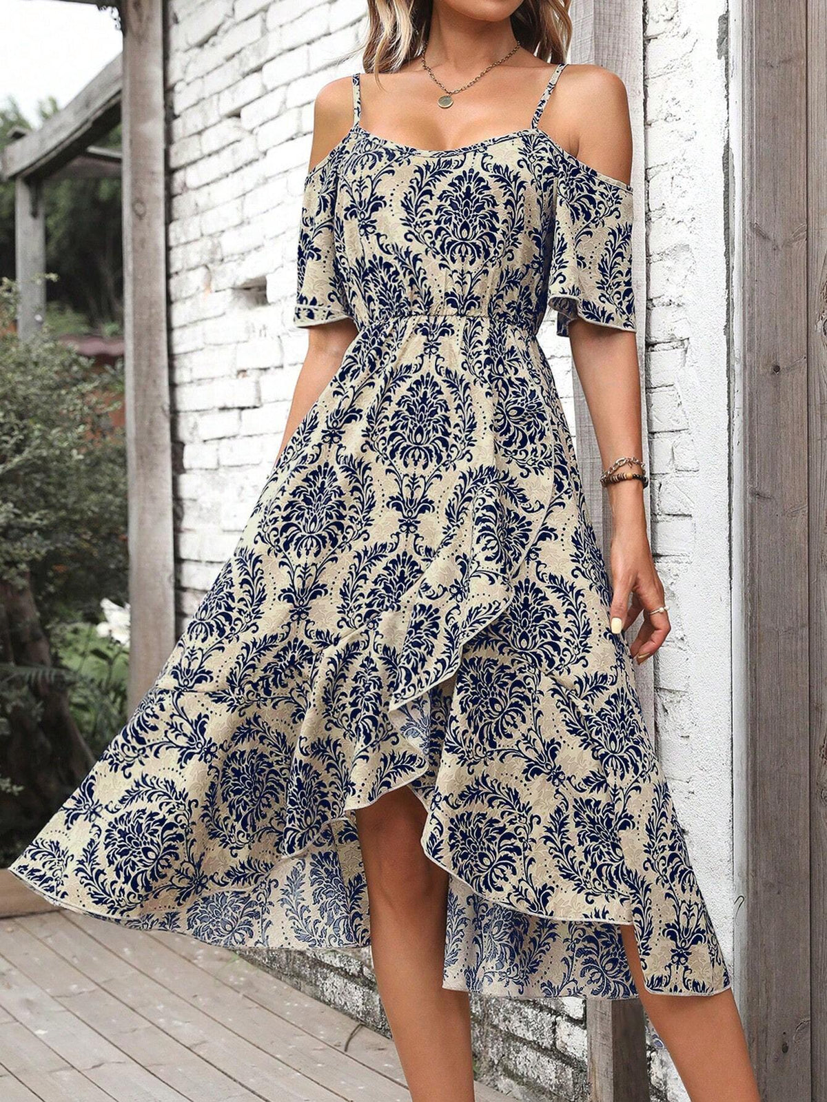 Breezaya Vestido Longo com Estampa Completa, Ombros de Fora, Bainha com Babados, Roupas de Praia de Férias para Mulheres