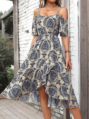 Breezaya Vestido Longo com Estampa Completa, Ombros de Fora, Bainha com Babados, Roupas de Praia de Férias para Mulheres
