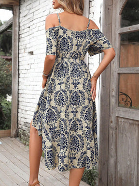 Breezaya Vestido Longo com Estampa Completa, Ombros de Fora, Bainha com Babados, Roupas de Praia de Férias para Mulheres