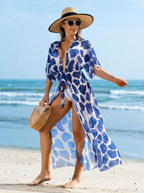 Swim Lushoire Quimono estilo praia com estampa de vaca, mangas murciélago e cinto de amarração na cintura para as férias de verão.