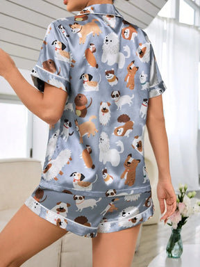 Conjunto de Pijama Feminino com Estampa de Cachorrinho, Top de Manga Curta e Shorts, Único Peitilho