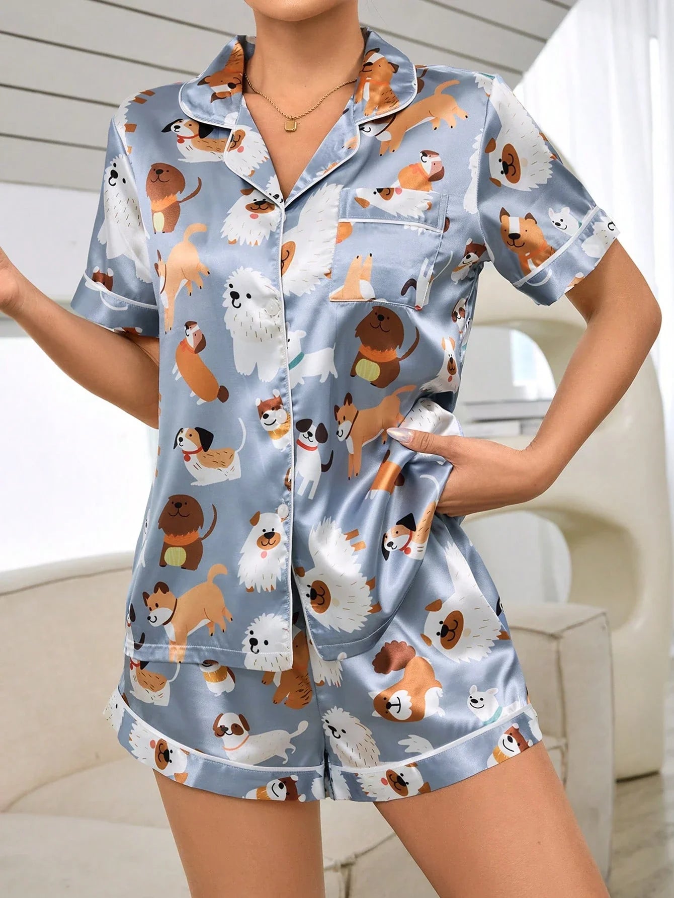 Conjunto de Pijama Feminino com Estampa de Cachorrinho, Top de Manga Curta e Shorts, Único Peitilho