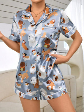 Conjunto de Pijama Feminino com Estampa de Cachorrinho, Top de Manga Curta e Shorts, Único Peitilho