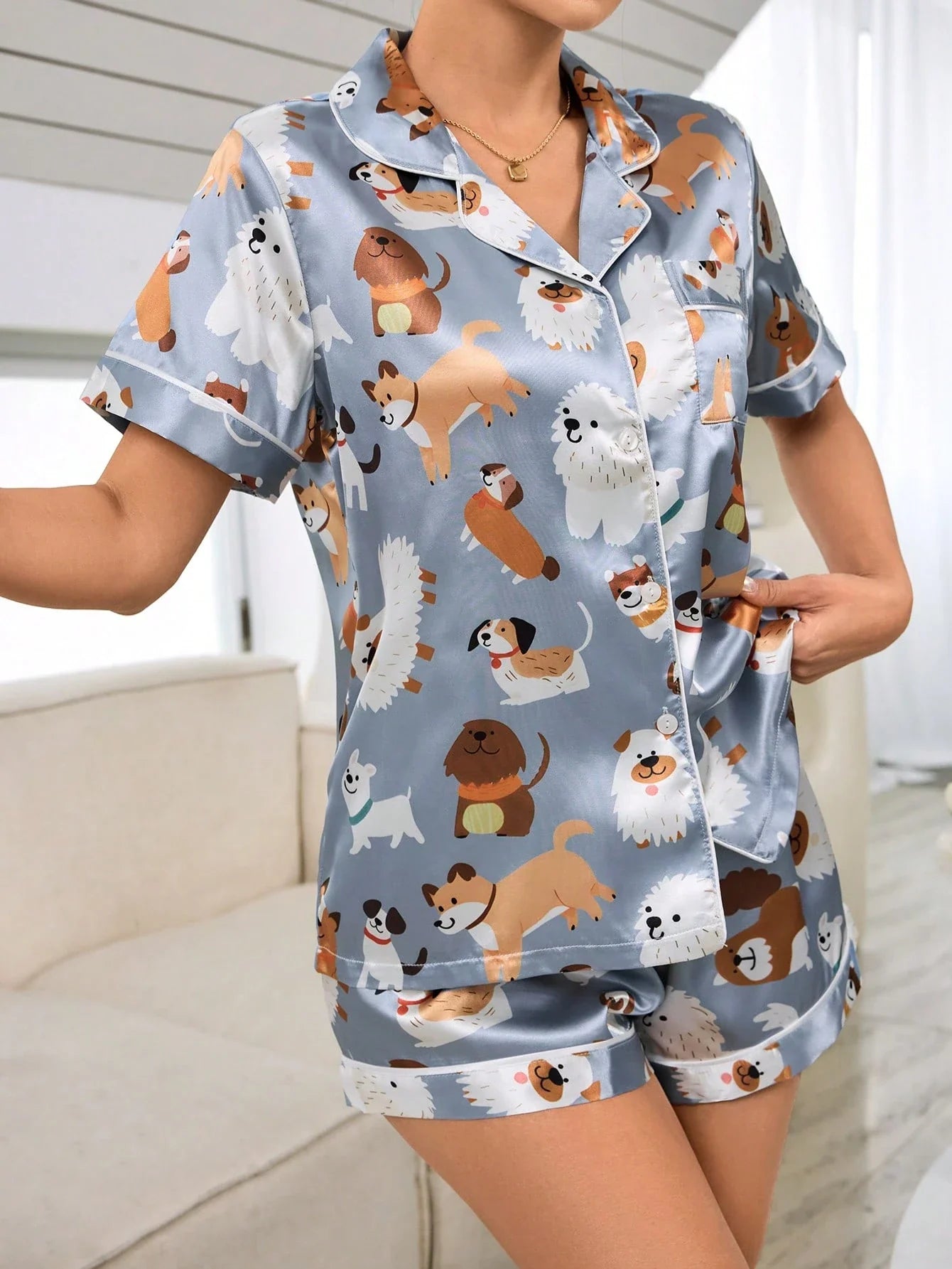 Conjunto de Pijama Feminino com Estampa de Cachorrinho, Top de Manga Curta e Shorts, Único Peitilho