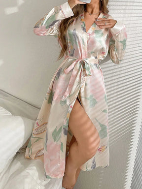 Roupão feminino casual e confortável em seda simulada, estampado com cinto