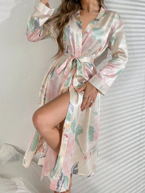 Roupão feminino casual e confortável em seda simulada, estampado com cinto