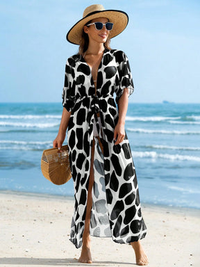 Swim Lushoire Quimono estilo praia com estampa de vaca, mangas murciélago e cinto de amarração na cintura para as férias de verão.
