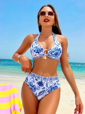Swim Vcay Conjunto de Maiô Bikini feminino com estampa floral para o verão, com alça de conexão circular e laço no pescoço estilo Halter