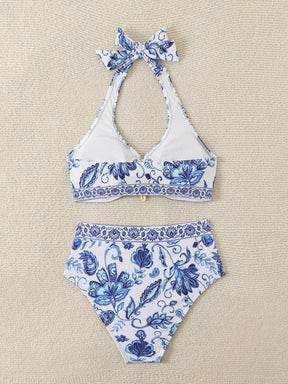 Swim Vcay Conjunto de Maiô Bikini feminino com estampa floral para o verão, com alça de conexão circular e laço no pescoço estilo Halter