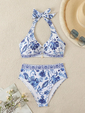 Swim Vcay Conjunto de Maiô Bikini feminino com estampa floral para o verão, com alça de conexão circular e laço no pescoço estilo Halter