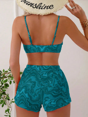 SHEIN Swim Conjunto de Maiô Bikini feminino com alças finas para o verão na Praia com Estampa de Redemoinho, impressionados aleatoriamente.