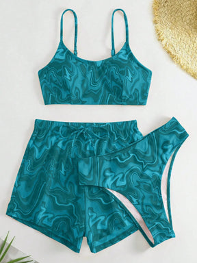 SHEIN Swim Conjunto de Maiô Bikini feminino com alças finas para o verão na Praia com Estampa de Redemoinho, impressionados aleatoriamente.