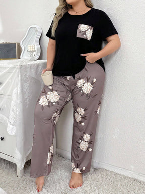 Conjunto de Pijama de Manga Curta e Calça Longa em Plus Size com Estampa