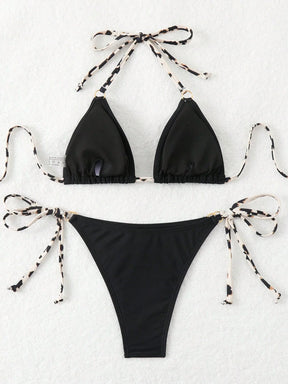 SHEIN Swim Conjunto de Maiô Bikini Estampado Aleatório, Decote em Halter, Costas Vazadas, Sensual, Praia de Verão