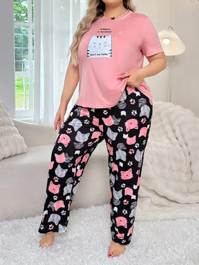 Conjunto de pijama de manga curta e calça comprida estampada de gato fofinho