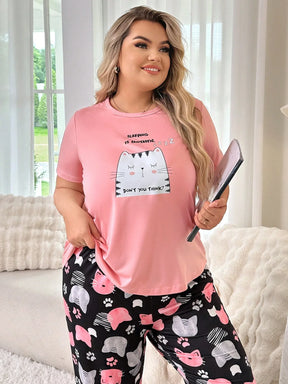 Conjunto de pijama de manga curta e calça comprida estampada de gato fofinho