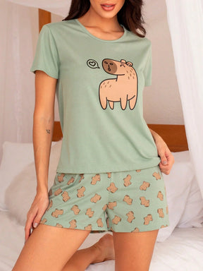 SHE(IN) BRASIL Conjunto De Pijama Short Doll Feminino Estampado Manga Curta padrão kapibara cinza