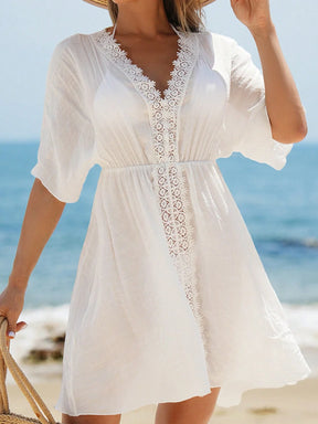 Swim Vcay Vestidos de Praia para Mulheres, Vestido Cobre-Tudo de Mulheres com Decote em V Liso, Recorte de Renda, Manga Curta para Verão