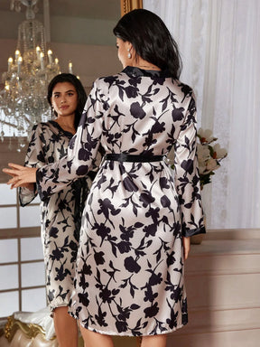 LuxeNights Pijama casual feminino de manga longa com impressão de seda simulada e cinto de cintura