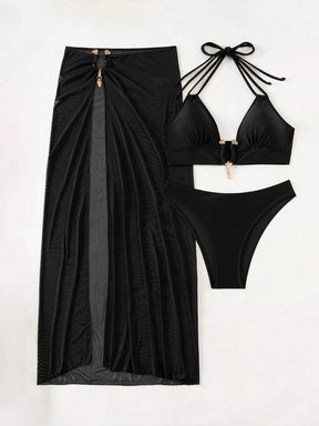 Swim SXY Conjunto de Maiô Bikini e Saída de Praia Feminino Verão Sólido Halter com Amarração, Sexy, com Saia de Cobertura, Traje de Férias