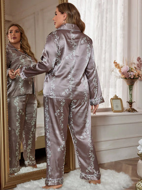 LuxeNights Conjunto de Pijama de Cetim com Estampa Floral e Detalhes em Vivo em Contraste