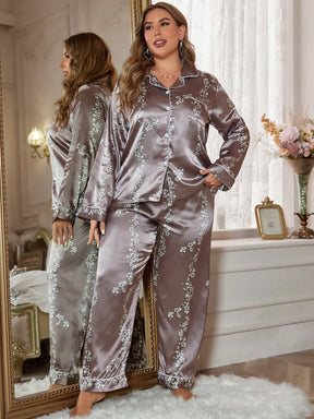 LuxeNights Conjunto de Pijama de Cetim com Estampa Floral e Detalhes em Vivo em Contraste